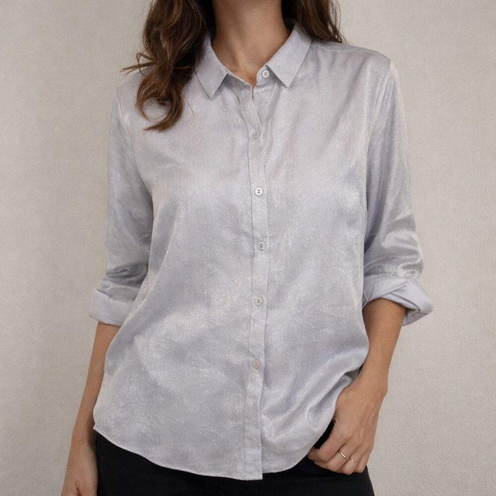 Chicos Shimmer Button Down Shirt Womens 3 XL 16 Feather Stone Silver Roll Tab